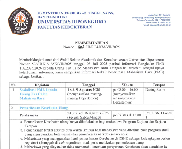 Informasi Terkait Kegiatan PMB Universitas Diponegoro Tahun Akademik 2025/2026