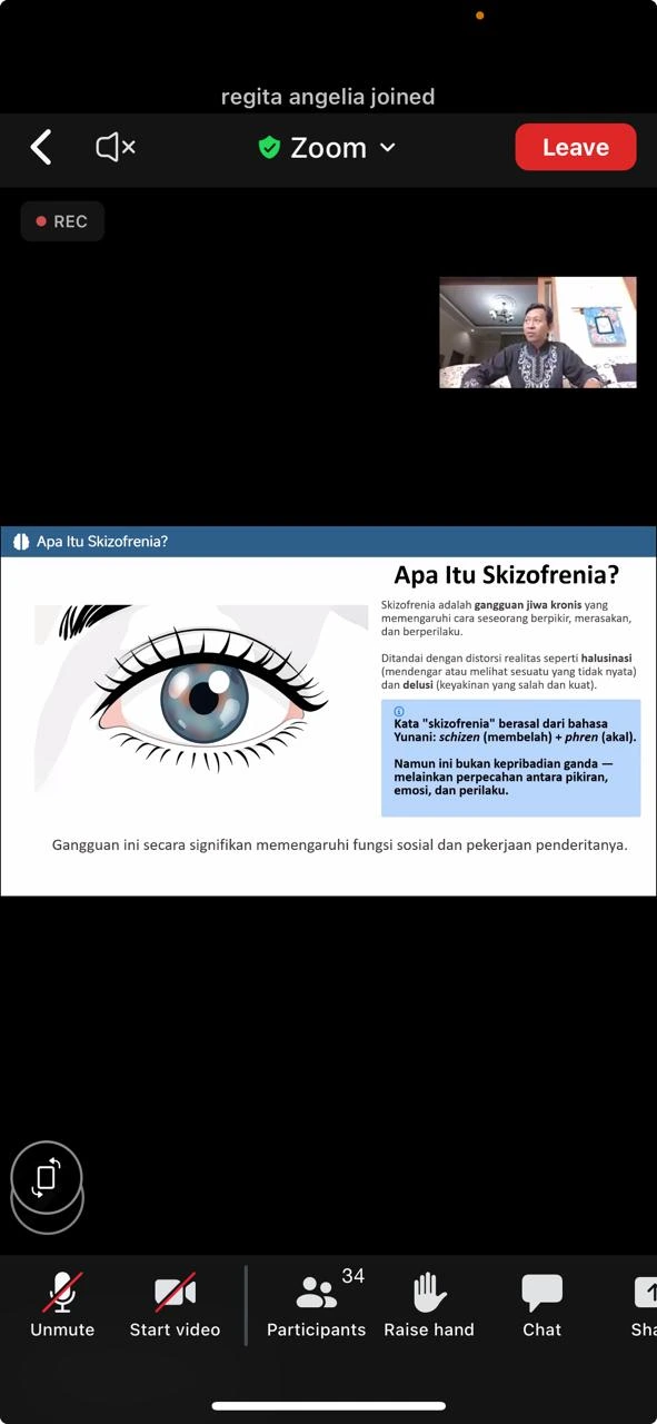 A speaker delivers a presentation titled “What Is Schizophrenia?” virtually via Zoom during the “Digital Mental Health” Discussion Session on Sunday (May 3, 2026).